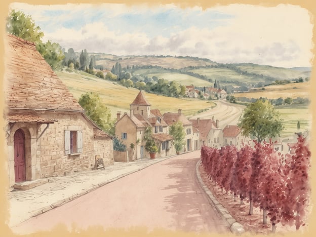 Auf dem Bild sieht man eine malerische Landschaft durch das Burgund, wahrscheinlich auf der Weinstraße zwischen Beaune und Dijon. Im Vordergrund befinden sich Reihen von Weinreben mit rötlichem Laub. Die Straße ist sanft geschwungen und gesäumt von charmanten, kleinen Häusern mit Dächern aus roten Ziegeln. Im Hintergrund erstreckt sich eine grüne Hügellandschaft, die die idyllische ländliche Schönheit der Region widerspiegelt. Der Himmel ist teilweise bewölkt, was der Szene eine friedliche und entspannte Atmosphäre verleiht.