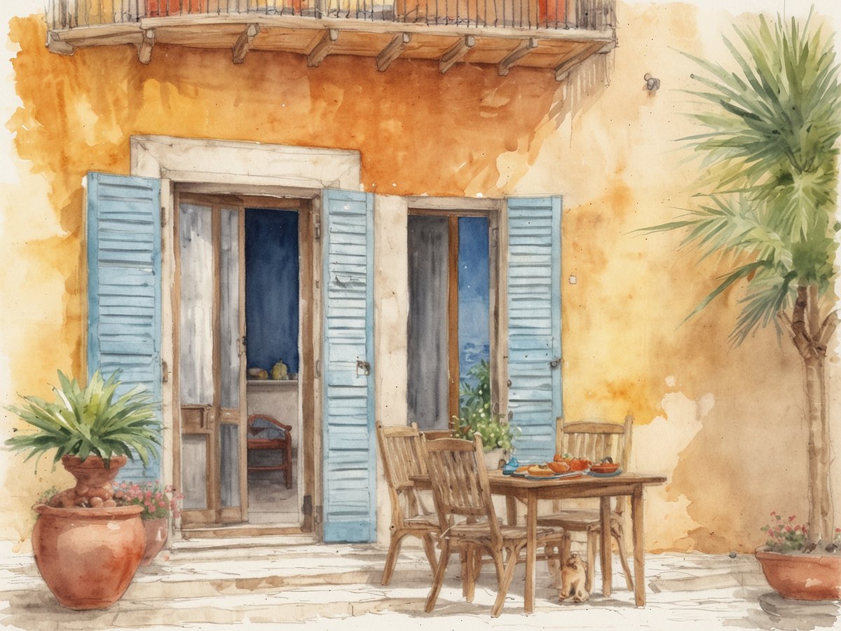 Das Bild zeigt eine einladende Terrasse in Mallorca mit blauen Fensterläden, die weit geöffnet sind. Vor der Tür steht ein Holztisch, der mit einer Telleranordnung dekoriert ist, und einige Stühle umgeben den Tisch. Auf der linken Seite ist ein großer Topf mit einer grünen Pflanze zu sehen, während rechts eine Palme steht. Die Wand des Hauses hat eine warme, orangefarbene Farbe und vermittelt ein gemütliches Urlaubsatmosphäre. Im Hintergrund schimmert ein dunkler Raum, in dem vielleicht weitere Möbel zu sehen sind. Ein kleiner Hund liegt teilweise sichtbar am Tisch.