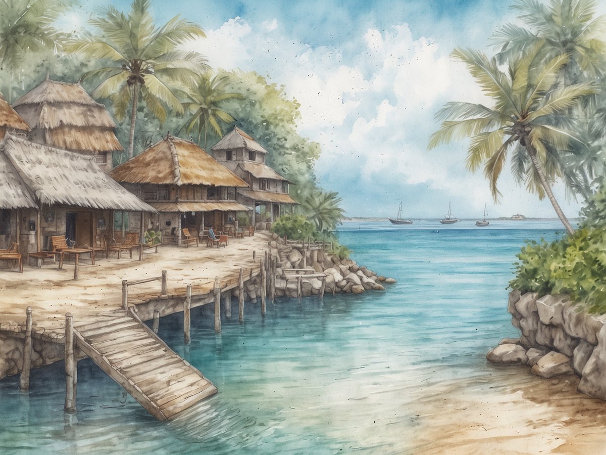 Eine malerische Küstenansicht mit traditionellen Strohhütten, die harmonisch in die Landschaft integriert sind. Palmen umgeben die Hütten, während ein hölzerner Steg ins ruhige, klare Wasser führt. Im Hintergrund sind einige Segelboote zu sehen, die sanft auf den Wellen schaukeln, und der Himmel ist mit sanften Wolken durchzogen. Diese Szene vermittelt das entspannte Paradies von Sansibar, ideal für Taucher und Kulturinteressierte.