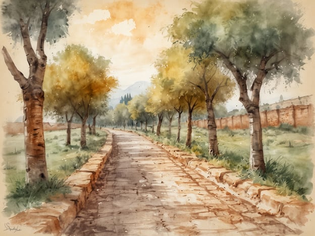 Auf dem Bild ist eine malerische Szene entlang der Via Appia Antica, der antiken Römerstraße, zu sehen. Die Straße ist von harmonisch angeordneten Bäumen gesäumt, die in verschiedenen Farben leuchten, und es gibt einen gepflasterten Weg, der in die Ferne führt. Die sanfte Landschaft und die warmen Farbtöne verleihen der Szene eine friedliche Atmosphäre. Im Hintergrund sind sanfte Hügel und ein klarer Himmel zu erkennen, was das Bild vervollständigt.