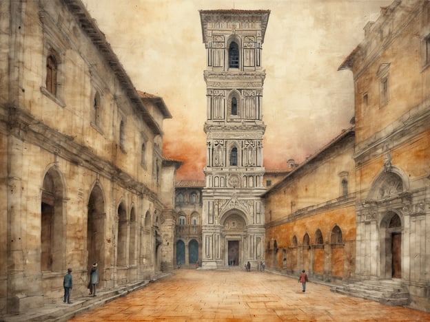 Auf dem Bild ist eine Piazza mit einem hohen, prächtigen Glockenturm zu sehen, der vermutlich zum Campanile di Giotto in Florenz gehört. Um den Platz herum befinden sich historische Gebäude, die typisch für die Architektur der Renaissance sind, welche die Medici maßgeblich gefördert haben. Die warmen Farben und der malerische Himmel verleihen der Szene eine nostalgische Stimmung, die an die Zeit der Medici erinnert, als Florenz ein Zentrum der Kunst und Kultur war. Der Platz wirkt einladend und vermittelt ein Gefühl der Geschichtsträchtigkeit, ideal für Spaziergänge auf den Spuren der Medici in Florenz und der Toskana.