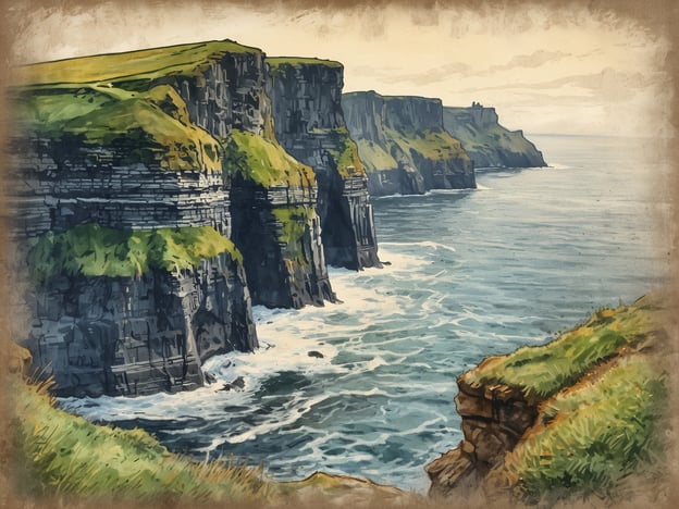 Das Bild zeigt beeindruckende, zerklüftete Klippen an der Küste von County Clare in Irland. Die steilen Felsen ragen majestätisch aus dem Wasser, während die Wellen gegen die Klippen schlagen. Die üppige grüne Vegetation auf den Klippen vermittelt ein Gefühl von Natur und unberührter Schönheit. Der Himmel ist hell und zeigt sanfte Wolken, was eine friedliche Atmosphäre schafft.