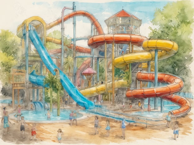 Auf dem Bild ist ein aufregender Wasserpark mit mehreren Wasserrutschen zu sehen. Es gibt eine große blaue Rutsche, die sich elegant spiralförmig windet, und andere Rutschen in den Farben rot und gelb, die ebenfalls hohe und aufregende Fahrtmöglichkeiten bieten. Rund um die Rutschen spielen Menschen im Wasser und genießen die Sonne. Solche abenteuerlichen Wasserparks sind in Frankreich sehr beliebt, wie zum Beispiel im Parc Asterix oder im Aquaparc in Trans-en-Provence, wo Besucher Spaß und Erfrischung an einem heißen Sommertag finden können.