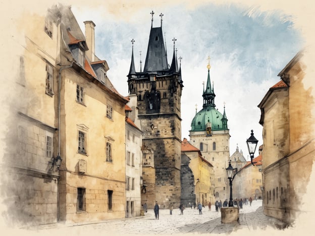 Auf dem Bild ist eine malerische Straße in Prag, Tschechien, zu sehen. Es sind historische Gebäude mit gelben Fassaden und roten Dächern zu erkennen. Im Hintergrund steht ein markanter Turm mit Spitzdach, der vermutlich die St. Nikolaus-Kirche darstellt. Es herrscht eine lebendige Atmosphäre, da sich einige Menschen in der Szene bewegen. Der Himmel hat eine helle, leicht bewölkte Färbung, was der Szenerie einen charmanten und romantischen Eindruck verleiht.