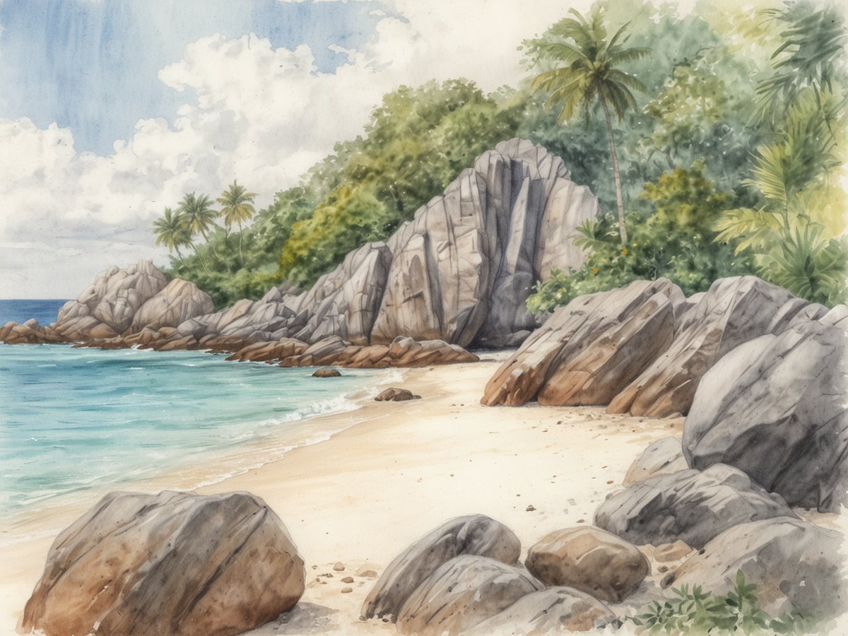 Eine malerische Strandlandschaft auf den Seychellen mit feinem, weißem Sand, der sanft von klarem, türkisfarbenem Wasser umspült wird. Im Hintergrund erheben sich grüne Hügel, die mit dichten Bäumen und Palmen bewachsen sind. Große, glatte Felsen liegen verstreut entlang der Küste und fügen sich harmonisch in die natürliche Umgebung ein. Der Himmel ist hellblau mit einigen flauschigen Wolken, die der Szene eine friedliche Atmosphäre verleihen. Dieses Bild vermittelt ein Gefühl von Ruhe und tropischer Idylle, ideal für einen Urlaub auf den Seychellen.