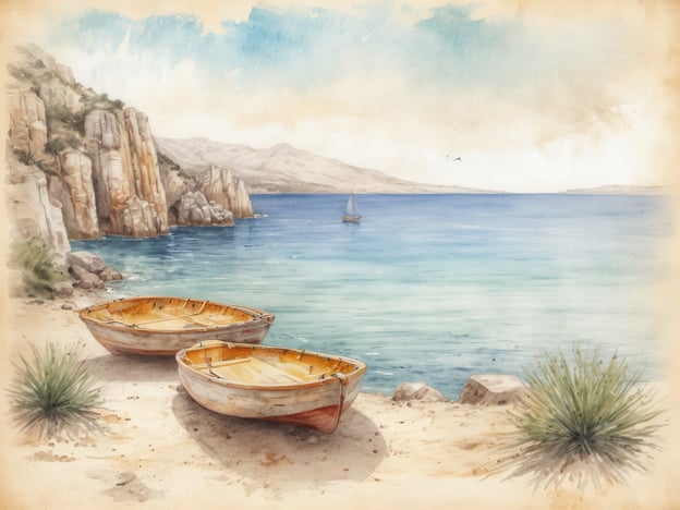 Auf dem Bild ist eine ruhige und entspannende Landschaft zu sehen, die an die Küsten Sardiniens erinnert. Zwei kleine Boote liegen sanft am Strand, umgeben von weichen, blauen Wellen und sonnigen Klippen. Die sanfte Farbpalette vermittelt ein Gefühl von Frieden und Harmonie, ideal für einen entspannenden Tag am Meer. Die ruhige Atmosphäre lädt dazu ein, die Natur zu genießen und sich von der Schönheit der Umgebung verzaubern zu lassen.