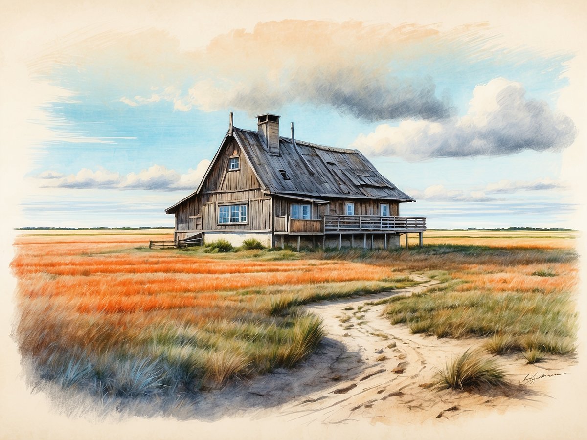 Das Bild zeigt ein malerisches, hölzernes Haus mit einem schrägen Dach, das in einer weitläufigen, grünen und orange-grasigen Landschaft im Katinger Watt steht. Das Haus hat große Fenster und eine Terrasse, die zur Vorderseite führt. Ein geschwungener Pfad aus Sand führt zum Haus und ist von hohem Gras umgeben. Am Himmel sind einige Wolken zu sehen, während der Hintergrund eine ruhige Küstenlandschaft andeutet.