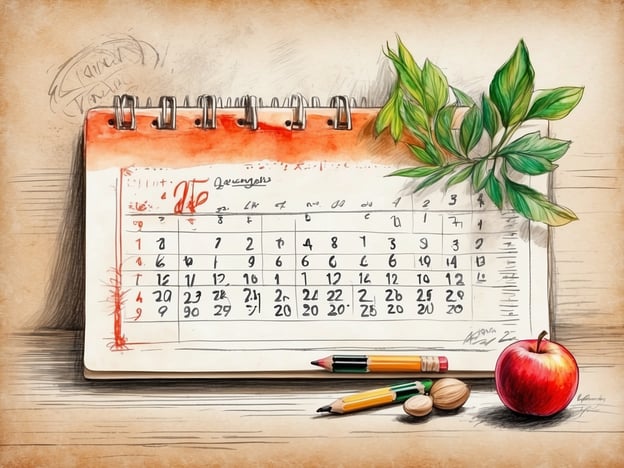 Auf dem Bild ist ein Kalender zu sehen, der auf einem Tisch liegt. Neben dem Kalender befinden sich zwei Buntstifte, eine Nuss und ein roter Apfel sowie einige grüne Blätter.

**Praktische Tipps für deinen Aufenthalt:**

1. **Planung:** Nutze den Kalender, um wichtige Termine oder Aktivitäten festzuhalten. So behältst du den Überblick über deine Pläne.

2. **Ernährung:** Der Apfel ist ein gesunder Snack. Achte darauf, genug Obst und Gemüse in deiner Ernährung zu haben.

3. **Kreativität:** Verwende die Buntstifte, um deine Gedanken oder Ideen festzuhalten. Zeichnen oder Notizen machen kann helfen, Stress abzubauen.

4. **Natur:** Die Blätter deuten auf einen natürlichen Raum hin. Nutze Pausen, um draußen frische Luft zu schnappen und dich zu entspannen. 

Viel Spaß bei deinem Aufenthalt!