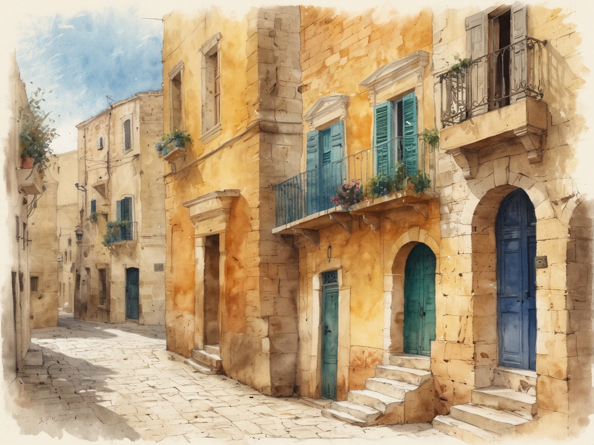 Eine charmante, sonnige Gasse in Malta mit sandfarbenen Häusern, die mit grünen Fensterläden und blauen Türen geschmückt sind. Die unebene Pflasterstraße führt zwischen den Gebäuden hindurch, während Pflanzen und Blumen auf Balkonen und Fenstern die Szenerie beleben. Der Himmel ist klar und blau, was das mediterrane Flair dieser historischen Umgebung unterstreicht.
