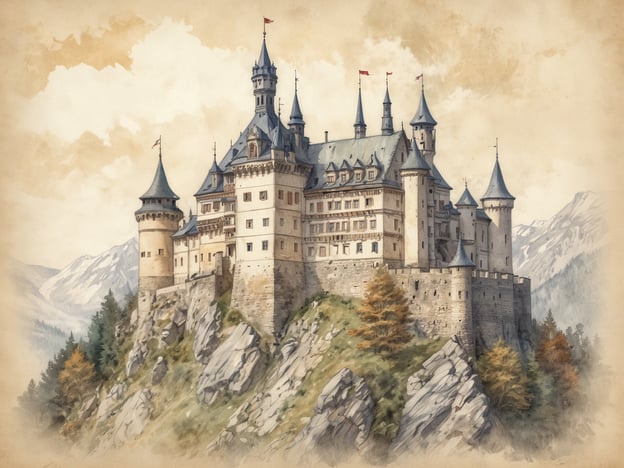 Auf dem Bild ist eine malerische Darstellung eines Schlosses zu sehen, das an das berühmte Neuschwanstein Schloss erinnert. Es zeigt eine beeindruckende Architektur mit mehreren Türmen und Zinnen, die sich majestätisch auf einem Felsen erhebt. Im Hintergrund sind Berge und eine malerische Landschaft zu sehen, was die romantische Atmosphäre des Schlosses unterstreicht.