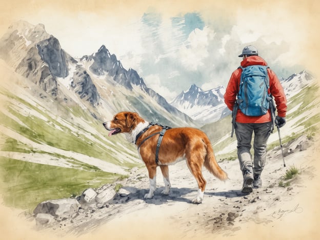 Auf dem Bild ist eine malerische Szene zu sehen, die das Wandern in den Alpen zeigt. Ein Mensch mit einem blauen Rucksack und einer roten Jacke geht einen Bergweg entlang, während ein Hund an seiner Seite läuft. Die Umgebung besteht aus beeindruckenden, hohen Alpenbergen und grünen Wiesen, was eine schöne Wanderatmosphäre schafft. Diese Art von Erlebnis ist typisch für Österreich und erfreut sich großer Beliebtheit bei Wanderern und Hundebesitzern.