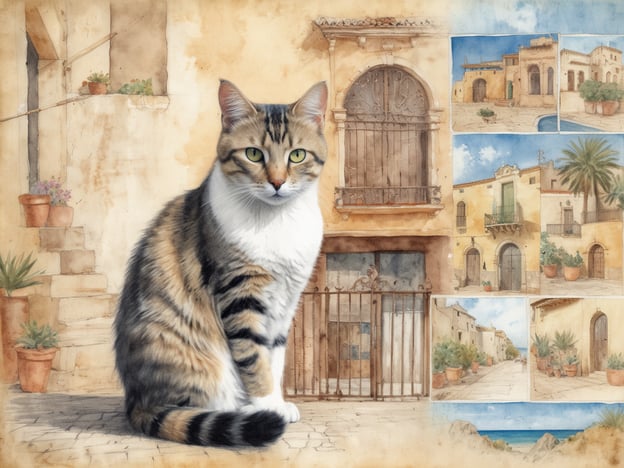 Auf dem Bild ist eine Katze zu sehen, die in einer malerischen Umgebung sitzt, die an die Balearen, insbesondere Spanien, erinnert. Im Hintergrund sind typische Gebäudefassaden und Pflanzen in Töpfen abgebildet, die eine entspannte Urlaubsatmosphäre vermitteln. Die Katze wirkt neugierig und ist der zentrale Punkt des Kunstwerks, das die Schönheit und den Charme eines Urlaubs auf den Balearen einfängt.