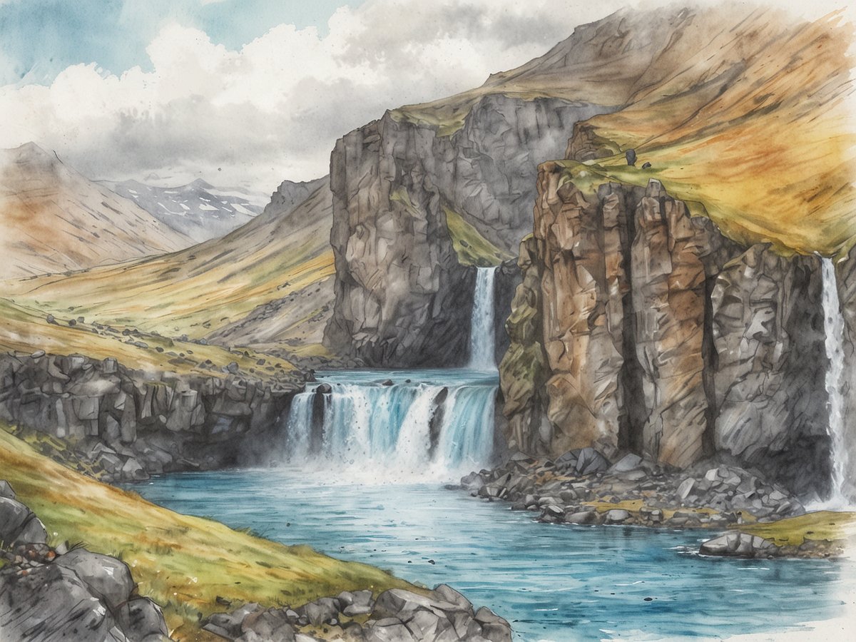 Eine atemberaubende Landschaft in Island mit majestätischen Wasserfällen, die in einen klaren blauen Fluss stürzen. Die Umgebung ist geprägt von hohen, zerklüfteten Felsen und sanften, grünen Hügeln, die im Hintergrund von schneebedeckten Bergen begrenzt werden. Der Himmel ist bewölkt, was der Szene eine dramatische Stimmung verleiht. Auf der Anhöhe sind einige kleine Figuren sichtbar, die die große Weite und Schönheit der Natur genießen.