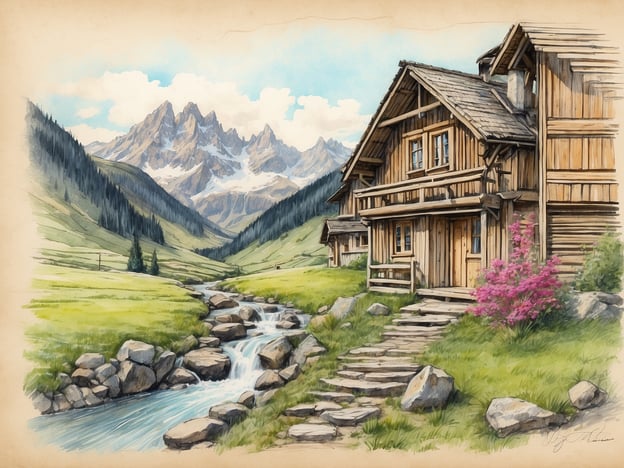 Auf dem Bild ist eine malerische Landschaft zu sehen, die die Schönheit des Schwarzwalds erleben lässt. Ein traditionelles Holzhaus steht inmitten einer grünen Wiese, umgeben von hochaufragenden Bergen und einem klaren, plätschernden Bach. Bunte Blumen verleihen der Szenerie einen lebendigen Charme und laden zum Verweilen in dieser idyllischen Umgebung ein.