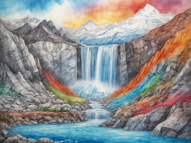 Auf dem Bild ist eine beeindruckende Landschaft zu sehen, die die Schönheit Islands widerspiegelt. Ein majestätischer Wasserfall stürzt von klippenartigen Felsen herab, während farbenfrohe Regenbögen und bunte Gesteinsschichten die Szenerie lebendig machen. Hinter dem Wasserfall erheben sich schneebedeckte Berge, die oft in Islands einzigartiger Natur vorkommen. Die Kombination aus schroffen Felsen, kristallklarem Wasser und den lebhaften Farben vermittelt das Gefühl, in einer magischen, unberührten Landschaft zu sein.