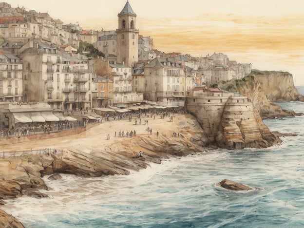 Auf dem Bild ist eine malerische Küstenansicht von Biarritz in Frankreich zu sehen. Die Darstellung zeigt die charmante Architektur der Stadt, die sich an den Hang schmiegt, mit einem markanten Uhrturm und mehreren Gebäuden. Im Vordergrund erkennt man einen Sandstrand, an dem sich einige Menschen aufhalten. Die Wellen des Meeres schlagen sanft gegen die Felsen, und die Szene ist von warmen Farben der Abenddämmerung erhellt.