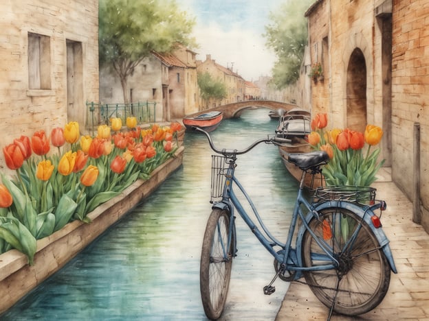 Auf dem Bild ist eine malerische Szene zu sehen, die an Amsterdam, Niederlande, erinnern könnte. Im Vordergrund steht ein blaues Fahrrad, das an einem Kanal abgestellt ist. Der Kanal hat auf beiden Seiten bunte Tulpen in kräftigen Farben, darunter Rot, Orange und Gelb. Im Hintergrund sind charakteristische Gebäude und Boote zu sehen, die eine idyllische und ruhige Atmosphäre vermitteln.