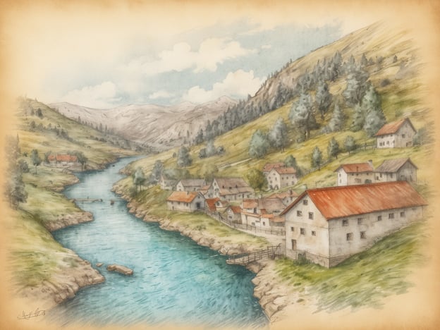 Auf dem Bild ist eine malerische Landschaft mit einem Fluss zu sehen, der durch sanfte Hügel fließt. Am Ufer befinden sich mehrere kleine Häuser, viele mit roten Dächern, umgeben von grünen Wiesen und Bäumen. Die Berge im Hintergrund verleihen der Szenerie eine ruhige, natürliche Atmosphäre. 

Ein Geheimtipp im Ionischen Meer wäre, die Insel Kefalonia zu besuchen. Dort gibt es schöne Strände und unberührte Natur, die perfekt für einen entspannten Urlaub geeignet sind.