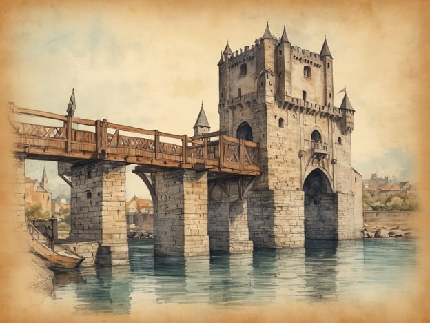 Auf dem Bild ist eine malerische Darstellung einer Zugbrücke zu sehen, die Ähnlichkeiten mit bekannten historischen Zugbrücken aufweist. Die Architektur mit dem Türmchen erinnert an die Alte Brücke in Regensburg oder die Kettenbrücke von Budapest. Die Brücke verbindet zwei Ufer und ist aus Holz sowie Stein gebaut. Sie hat eine charakteristische mittelalterliche Anmutung, was an den bedeutenden Zugbrücken dieser Zeit erinnert. Im Hintergrund sind Gebäude und eine idyllische Landschaft sichtbar, die zur Atmosphäre des Bildes beitragen.