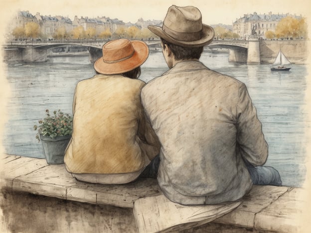 Auf dem Bild ist ein romantisches Szenario an der Seine in Paris, Frankreich, zu sehen. Zwei Personen sitzen nebeneinander am Ufer, während sie den Blick auf das Wasser und die im Hintergrund liegenden Gebäude genießen. Der Fluss spiegelt eine friedliche Atmosphäre wider, während eine kleine Segelyacht im Wasser unterwegs ist. Die Szene strahlt eine ruhige und verträumte Stimmung aus.