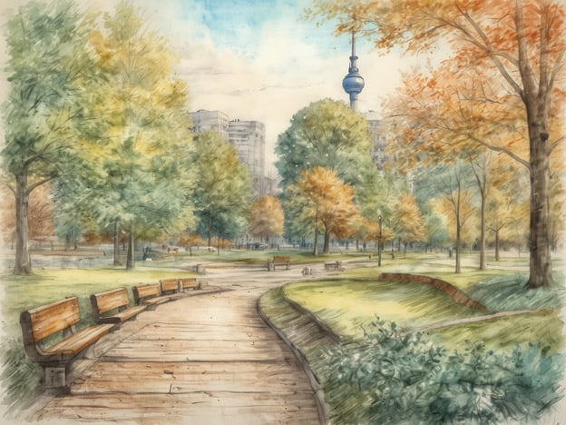 Auf dem Bild ist eine malerische Parklandschaft in Berlin, Deutschland, zu sehen. Es zeigt eine bunte Vielfalt von Bäumen, die in unterschiedlichen Herbstfarben leuchten. Ein geschwungener Weg führt durch den Park, gesäumt von Bänken, die zum Verweilen einladen. Im Hintergrund ist ein markantes Gebäude mit einem Turm zu erkennen, das vermutlich das Fernseherturm ist. Die Szene strahlt Ruhe und natürliche Schönheit aus und lädt die Menschen ein, die Natur inmitten der Stadt zu genießen.