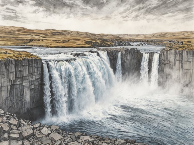 Auf dem Bild ist der imposante Dettifoss in Island zu sehen. Der Wasserfall ist bekannt für seine beeindruckende Breite und die kraftvollen Wassermassen, die mit viel Lärm in die Tiefe stürzen. Umgeben ist er von einer dramatischen Landschaft aus Felsen und grünen Hügeln, die die natürliche Schönheit und das raue Terrain Islands widerspiegeln.