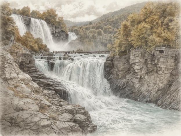 Auf dem Bild sind die beeindruckenden Rheinfälle in der Schweiz zu sehen. Die tosenden Wasserfälle stürzen kraftvoll in die Tiefe, umgeben von felsigen Ufern und üppigem Grün. In der Nähe sind auch einige Besucher zu erkennen, die die Aussicht genießen, während die Gewässer des Rheins turbulent fließen. Die gesamte Szene strahlt eine majestätische Schönheit und natürliche Kraft aus.