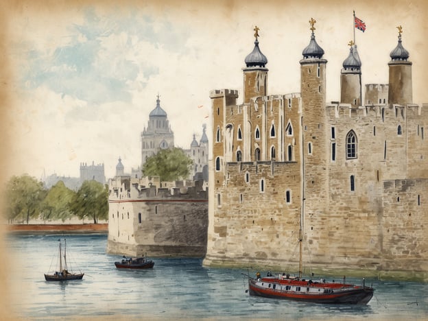 Auf dem Bild ist eine künstlerische Darstellung des Tower of London zu sehen, einem historischen Wahrzeichen in London. Die Szene zeigt den imposanten Turm, umgeben von Wasser und kleinen Booten, die auf dem Fluss fahren. Der Tower of London hat eine faszinierende Geschichte als Festung, königlicher Palast und Gefängnis. Entdecke das Geheimnis des Tower of London: Er war einst der Ort, an dem viele bedeutende historische Figuren gefangen gehalten und sogar hingerichtet wurden. Heute beherbergt er die britischen Kronjuwelen und zieht jährlich Millionen von Besuchern an, die mehr über seine geheimnisvolle Vergangenheit erfahren möchten.