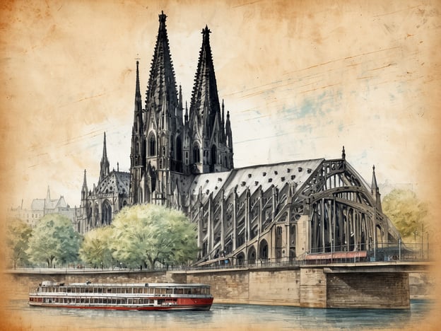 Auf dem Bild ist eine beeindruckende Kirche mit charakteristischen hohen Türmen und gotischer Architektur zu sehen. Sie könnte den Kölner Dom darstellen, der ein bekanntes Wahrzeichen in Köln, Deutschland, ist. Im Vordergrund gibt es ein Boot auf dem Wasser, und die Umgebung ist von Bäumen geprägt. Die Darstellung hat einen künstlerischen, vintage-artigen Stil.