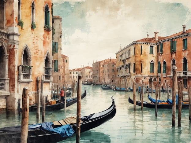 Auf dem Bild ist eine malerische Szenerie aus Venedig, Italien, zu sehen. Man erkennt typische venezianische Gebäude mit farbenfrohen Fassaden, die direkt am Wasser liegen. In den Kanälen liegen Gondeln und andere Boote, während einige Pfähle im Wasser stecken. Die Atmosphäre vermittelt ein Gefühl von Ruhe und Charme, das für Venedig charakteristisch ist. Die umliegenden Gebäude scheinen in sanften Pastellfarben gehalten zu sein, was dem Bild eine traumhafte Qualität verleiht.