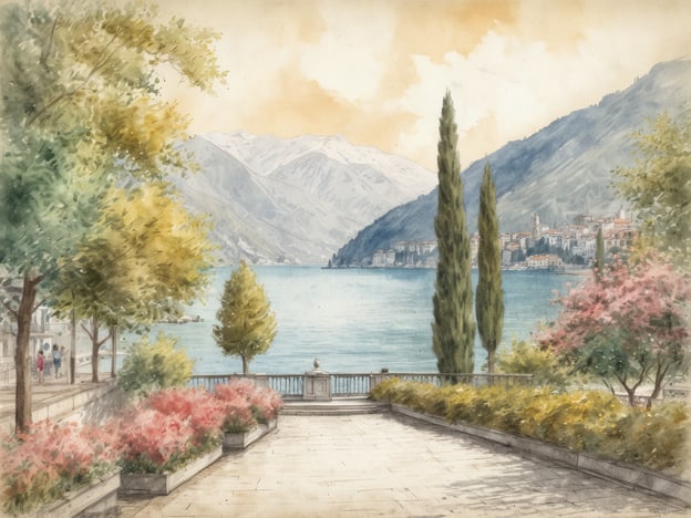 Auf dem Bild ist eine idyllische Uferpromenade am Comer See in Italien zu sehen. Die Szene zeigt eine malerische Aussicht auf den See, umgeben von sanften Bergen und bewaldeten Hängen. Entlang der Promenade sind Bäume und bunte Blumenbeete angeordnet, die der Landschaft Farbe verleihen. Im Hintergrund erkennt man charmante Gebäude, die am Ufer des Sees stehen. Die ruhige Atmosphäre und die sanften Farben des Himmels schaffen eine friedliche Stimmung. Es scheint ein idealer Ort zum Spazierengehen und Entspannen zu sein.