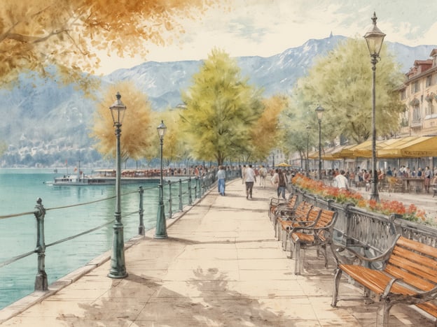 Auf dem Bild ist die Seepromenade in Annecy, Frankreich, zu sehen. Die Uferpromenade ist von hübschen Bäumen gesäumt, die die Umgebung in warmen Farben erstrahlen lassen. Es gibt Sitzbänke entlang des Weges, an denen Menschen entspannt verweilen können. Im Hintergrund ist der malerische See und die umliegenden Berge sichtbar, während einige Menschen entlang der Promenade spazieren. Außerdem sind einige Restaurants oder Cafés mit Sonnenschirmen angedeutet, die einen einladenden Eindruck vermitteln.