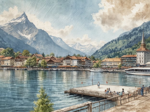 Auf dem Bild ist eine malerische Uferpromenade am Vierwaldstättersee in der Schweiz zu sehen. Die Szenerie zeigt sanfte Hügel und beeindruckende Berge im Hintergrund, während sich am Ufer charmante, traditionelle Gebäude mit roten Dächern und Bäumen entlang der Wasserlinie reihen. Menschen genießen die Aussicht und die entspannte Atmosphäre, einige sitzen am Steg, während Boote sanft auf dem Wasser schaukeln. Der Himmel ist hell und bewölkt, was einen friedlichen Eindruck vermittelt.