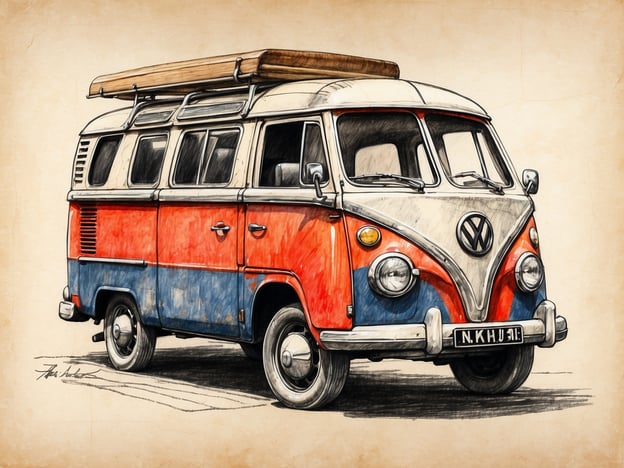 Auf dem Bild ist ein farbenfroher Volkswagen-Bus zu sehen, der rot und blau lackiert ist. Er hat eine charakteristische Form mit großen Fenstern und einem Dachträger, auf dem wahrscheinlich Surfboards oder Gepäck transportiert werden können. Der Bus strahlt ein nostalgisches Flair aus, das an Reisen und Freiheit erinnert. Diese Art von Fahrzeug wird oft mit einem entspannten Lebensstil und Abenteuern in Verbindung gebracht.