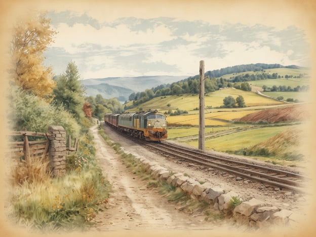 Auf dem Bild ist eine malerische Landschaft mit einer Eisenbahn zu sehen, die durch eine idyllische Umgebung fährt. In Verbindung mit den verschiedenen Routen des Jakobswegs in Deutschland könnte man sich vorstellen, dass der Weg in der Nähe verläuft und Pilger die Schönheit der Natur genießen, während sie in Richtung Santiago de Compostela wandern. Die Deutschen Jakobswege führen durch verschiedene schöne Regionen, darunter die romantischen Weinbaugebiete in Rheinland-Pfalz oder das hügelige Terrain in Sachsen-Anhalt, und bieten vielfältige Szenarien, die sowohl Wanderer als auch Reisende erfreuen.