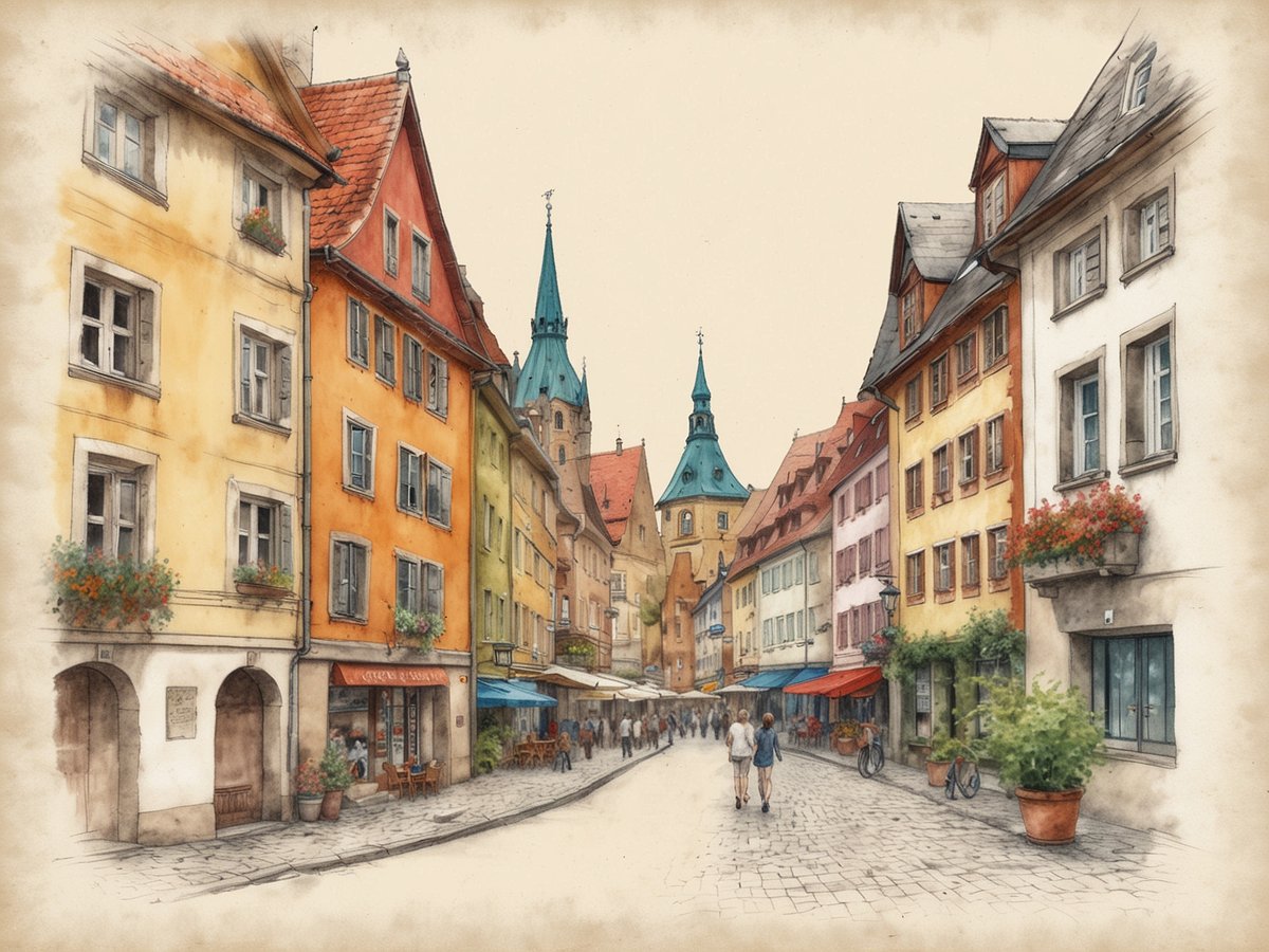 Eine malerische Gasse in einer historischen Stadt Deutschlands, umgeben von bunten Häusern mit schmalen Fenstern und blühenden Blumenkästen. Im Hintergrund erhebt sich ein markantes Gebäude mit einer schlanken, spitzen Turmspitze. Die Straße ist gepflastert und gesäumt von kleinen Cafés und Restaurants, während Passanten gemütlich entlang schlendern. An den Seiten der Straße stehen Fahrräder und große Blumentöpfe, die der Szenerie einen einladenden Charme verleihen.