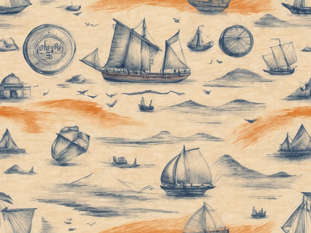 Auf dem Bild ist eine kunstvolle Darstellung von historischen Segelschiffen und maritimen Elementen zu sehen. Die Ausführung in Blau- und Orangetönen vermittelt ein Gefühl von Handwerkskunst und Tradition. Die Schiffe, die sanft über das Wasser gleiten, sind ein Symbol für die Seefahrt und die traditionellen Handwerkstechniken, die über Generationen weitergegeben wurden. Die Wellen und die schemenhaften Berge im Hintergrund schaffen eine harmonische Verbindung zur Natur und zeugen von der Kunstfertigkeit, mit der diese maritime Szene gestaltet wurde. Solche Darstellungen sind oft Teil von kulturellen Erzählungen, die die Verbindung zwischen Mensch und Meer widerspiegeln.