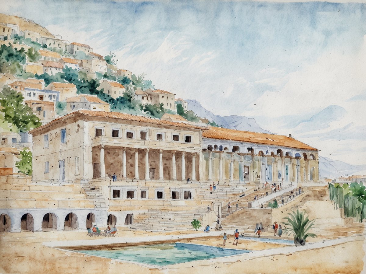 Eine Aquarellzeichnung zeigt eine antike Gebäudeanlage mit Säulen und Treppen, umgeben von einem sanften Hügel mit Häusern im Hintergrund. Vor dem Gebäude befindet sich ein Wasserbecken, und verschiedene Personen sind auf den Stufen sowie im Vordergrund der Szene zu sehen. Die Landschaft ist von einer klaren Blauen Himmel geprägt, was der Szenerie eine ruhige Atmosphäre verleiht.