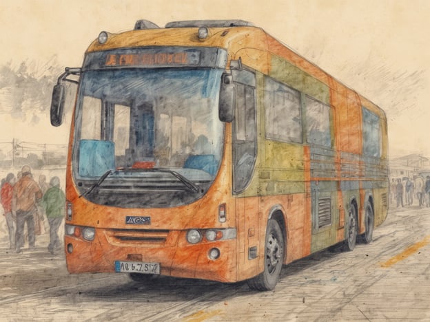 Auf dem Bild ist ein Bus zu sehen, der in verschiedenen Farben, hauptsächlich orange und grün, gestaltet ist. Der Bus steht an einem Ort, wo sich mehrere Personen in der Nähe versammeln, möglicherweise an einer Haltestelle oder einem Bahnhof.

In Bezug auf Anreise und Erreichbarkeit deutet das Bild darauf hin, dass der Bus eine Transportmöglichkeit bietet, um verschiedene Orte zu erreichen. Die Anwesenheit von Personen lässt vermuten, dass dieser Bus eine wichtige Rolle im öffentlichen Nahverkehr spielt und wahrscheinlich regelmäßig verkehrt, um Fahrgäste zu den gewünschten Zielen zu bringen.