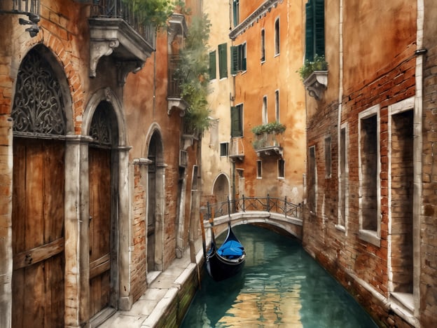 Das Bild zeigt eine der romantischen Gassen von Venedig. Man sieht schmale Kanäle, umgeben von alten, charmanten Gebäuden in warmen Farben. Eine kleine Brücke überspannt das Wasser, während eine typische Gondel mit blauer Decke im Kanal liegt. Diese Szene vermittelt das malerische und idyllische Flair, für das Venedig bekannt ist.