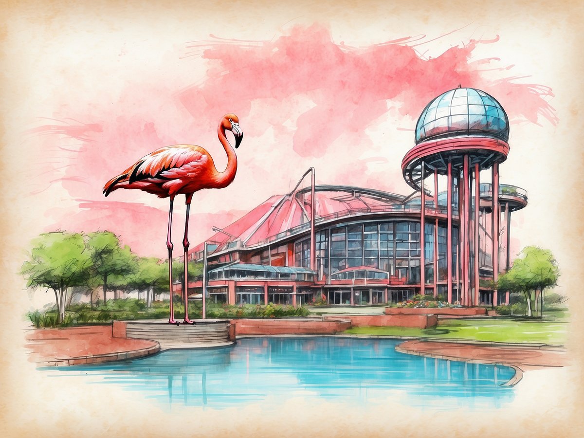 Ein großer pinkfarbener Flamingo steht majestätisch neben einem modernen Gebäude im Flamingo Land im Vereinigten Königreich. Im Hintergrund ist ein runder Glaskuppelbau zu sehen, umgeben von üppigem Grün und Bäumen. Der Flamingo ist auf einem kleinen Steg platziert, der zum blauen Wasser vor dem Gebäude führt. Der Himmel ist in sanften Rosa- und Blautönen gehalten, was der Szene eine fröhliche und einladende Atmosphäre verleiht.