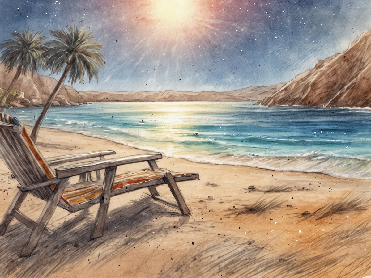 Ein einsamer Strand mit feinem Sand erstreckt sich bis zum horizontern blauen Wasser des Meeres. Am Rand des Strandes stehen zwei Palmen, die sanft im Wind wehen. Im Vordergrund liegt ein einfacher Holzstuhl, der zum Entspannen einlädt. Die Sonne scheint hell und wirft funkelnde Reflexionen auf die Wasseroberfläche. Im Hintergrund sind sanfte Hügel und Felsen sichtbar, die die Küste umrahmen, während einige Wellen sanft an den Strand rollen. Der Himmel ist klar und zeigt vereinzelte Sterne, die in der Dämmerung erscheinen.