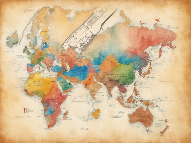 Auf dem Bild ist eine künstlerische Weltkarte zu sehen. Die Karte ist in verschiedenen Farben gestaltet, die unterschiedliche Länder oder Regionen darstellen. Sie zeigt die Umrisse und geographischen Merkmale der Kontinente und Länder. Solche Karten können während der Reiseplanung hilfreich sein, um Regionen zu identifizieren, die man besuchen möchte, und um einen Überblick über die Welt zu erhalten.