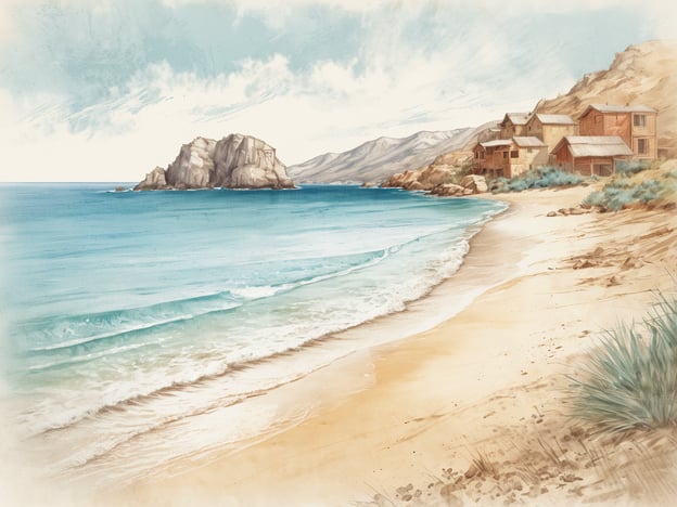 Auf dem Bild ist eine malerische Küstenlandschaft zu sehen, die an Cala Agulla erinnern könnte. Es zeigt einen ruhigen Strand mit sanften Wellen, die an den goldenen Sandstrand rollen. Im Hintergrund sieht man einige Felsen und eine buchtenartige Landschaft, die von hügeligen Bergen umgeben ist. Zusätzlich sind einige Hütten oder kleine Gebäude nahe der Küste deutlich zu erkennen, die zur charmanten und entspannten Atmosphäre des Ortes beitragen. Der Himmel ist hell und blau, was das Bild insgesamt sehr einladend wirken lässt.