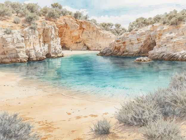 Auf dem Bild ist eine malerische Küstenlandschaft zu sehen, die an Cala Varques erinnert. Es zeigt eine ruhige Bucht mit klarem, blauem Wasser und feinem Sandstrand, umgeben von sanften Felsen und vereinzelt wachsenden Sträuchern. Die Umgebung strahlt eine friedliche und natürliche Schönheit aus, typisch für diese Art von versteckten Buchten auf Mallorca.