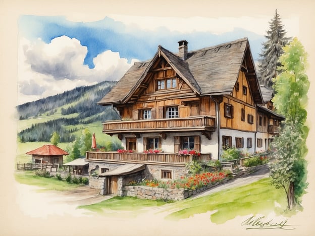 Auf dem Bild ist ein idyllisches, ländliches Gebäude zu sehen, das möglicherweise eine Herberge oder ein Gasthaus darstellt. Die Architektur vermittelt einen rustikalen Charme, der typisch für alpine Regionen ist. Es gibt eine großzügige Terrasse mit blühenden Pflanzen, was auf eine einladende Gastronomie hindeutet, wo Gäste entspannen und die Natur genießen können. Zudem könnte das Haus Übernachtungsmöglichkeiten anbieten, um Besuchern einen komfortablen Aufenthalt in der malerischen Umgebung zu ermöglichen. Die Landschaft mit Bergen und Wiesen verleiht dem Ort zusätzlich eine romantische Atmosphäre.