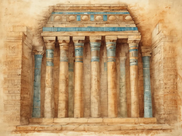 Auf dem Bild ist eine künstlerische Darstellung eines ägyptischen Tempels zu sehen, wahrscheinlich inspiriert von der Architektur des alten Ägyptens, wie man sie im Tal der Könige finden könnte. Die Säulen mit den blauen und beige Farben erinnern an die monumentalen Bauten, die die Pharaonen zur Ehre ihrer Götter errichten ließen. Diese Region ist bekannt für ihre Gräber und Tempel, die beeindruckende Darstellungen der altägyptischen Kultur und Religion zeigen.