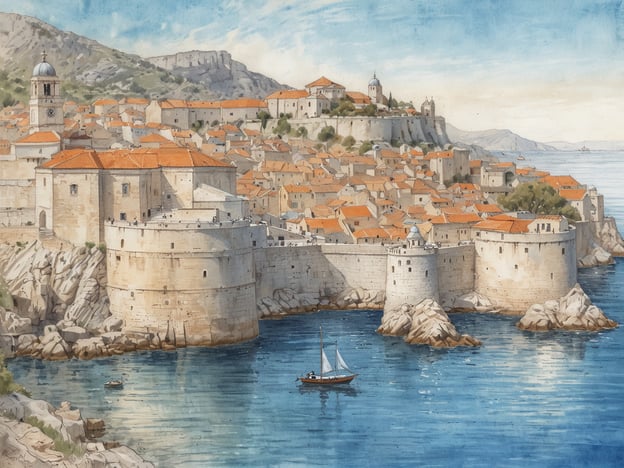 Auf dem Bild ist eine malerische Darstellung von Dubrovnik - Die Perle der Adria zu sehen. Die Stadt ist von beeindruckenden Mauern umgeben, die sich entlang der Küste erstrecken. Die charakteristischen roten Dächer der Gebäude sind ebenfalls zu erkennen, sowie das blaue Wasser des Meeres, vor dem ein Segelboot fährt. Im Hintergrund erheben sich sanfte Hügel, die die Schönheit dieser historischen Stadt unterstreichen. Dubrovnik ist bekannt für seine gut erhaltene Altstadt und die beeindruckende Architektur.