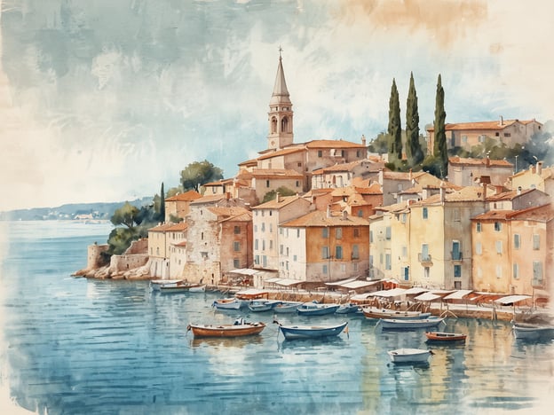 Auf dem Bild ist eine malerische Ansicht von Rovinj, einer bezaubernden Küstenstadt an der Adria. Die sanften Farben und die Wasserfarbenstilistik vermitteln eine romantische Atmosphäre. Die typischen bunten Häuser mit ihren mediterranen Balkonen und die kleinen Boote im ruhigen Wasser erzeugen eine idyllische Stimmung. Die Umrisse des Kirchturms und die zarten Bäume im Hintergrund fügen dem Bild eine charmante Note hinzu. Rovinj – Romantik pur an der Adria!