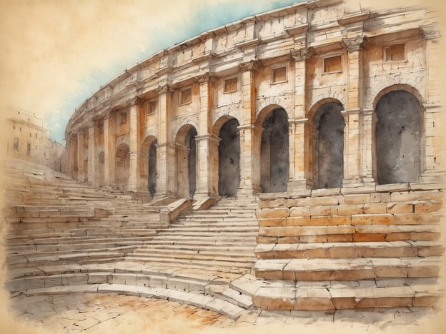 Auf dem Bild ist ein antikes Amphitheater zu sehen, das an die Stadt Pula erinnert. Pula ist bekannt für ihre gut erhaltenen römischen Ruinen, einschließlich eines beeindruckenden Amphitheaters, das für verschiedene Veranstaltungen genutzt wurde. Die Darstellung zeigt die majestätischen Bögen und Stufen, die charakteristisch für solche historischen Bauwerke sind.